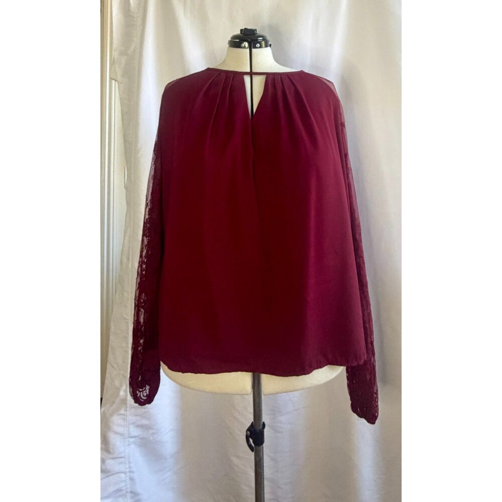Burgundy 4x women's blouse with lace sleeves and split keyhole neckline